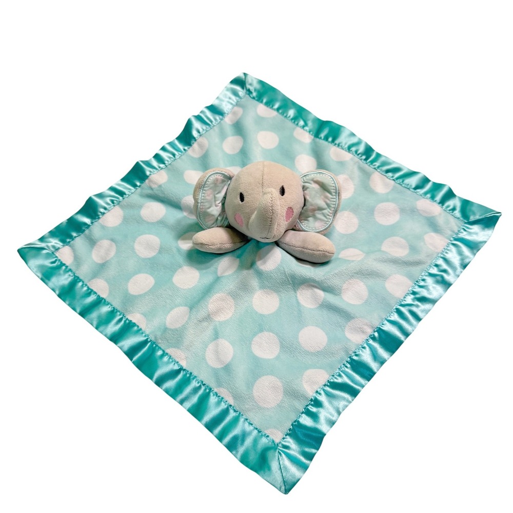 Vintage Circo Elephant Security Blanket Blue Polka Dot Plush Lovey Satin Trim